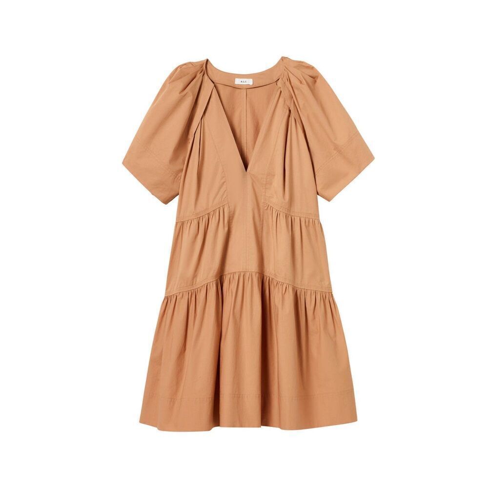 A.L.C. Camila Tiered 100% Cotton Mini Dress Cafe Latte Tan V-Neck Size 8